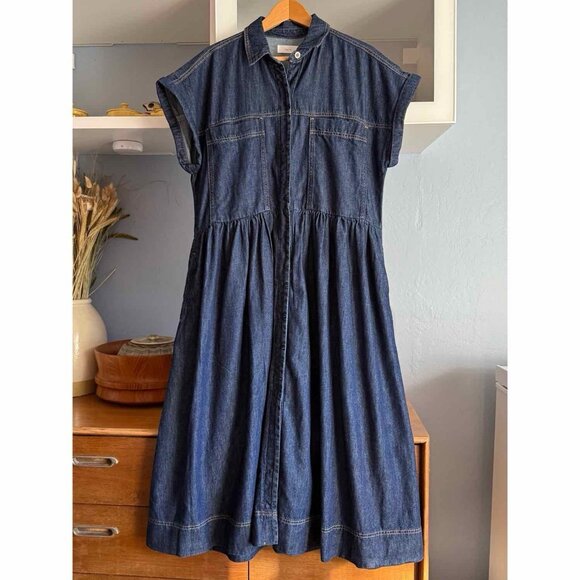 MAYE Harper Denim Midi Dress Indigo Blue Button-front - Picture 2 of 10